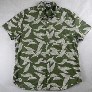 J Crew Shirt Mens XL Green Leaf Print Flex Washed Slim Short Sleeve Button Down